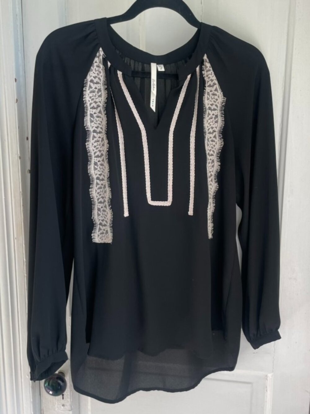 Bellatrix Black Lace Trim Blouse | Long Sleeve Sheer Top | Size S
